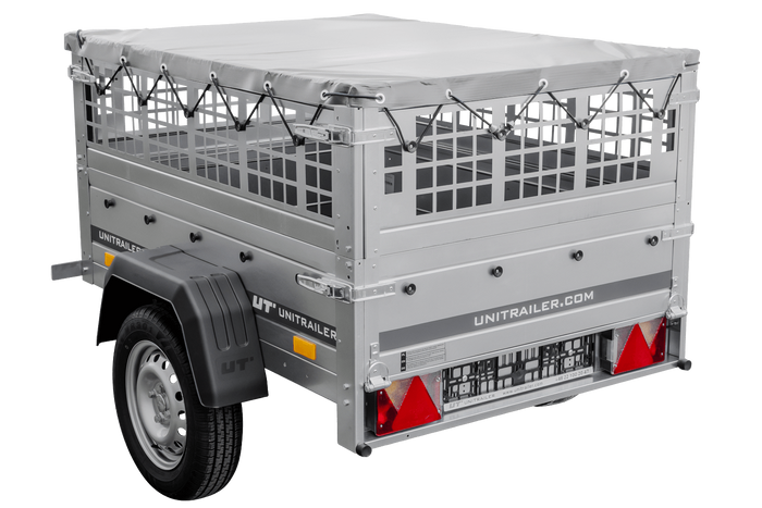Remorcă auto 150x106 UNITRAILER GARDEN 150 KIPP cu laterale din plasă și prelată gri
