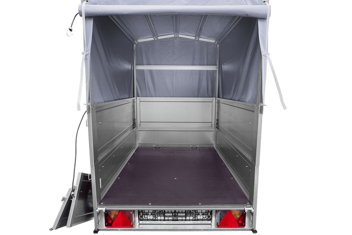 Remorcă cu o singură axă 150x106 UNITRAILER GARDEN 150 KIPP cu laterale BIS, cadru H-800 și prelată gri